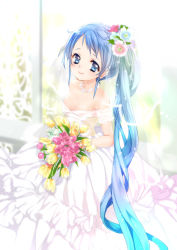 Rule 34 | 1girl, alternate costume, alternate hairstyle, bare shoulders, blue eyes, blue hair, bouquet, breasts, bridal veil, cleavage, dress, flower, gradient hair, hair flower, hair ornament, highres, holding, holding bouquet, jewelry, kantai collection, long hair, looking at viewer, malino (dream maker), multicolored hair, necklace, samidare (kancolle), smile, solo, standing, swept bangs, veil, very long hair, wedding dress, white dress