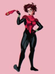 Rule 34 | 1990s (style), 1girl, absurdres, animification, breasts, brown hair, green eyes, hair between eyes, hand on own hip, highres, holding, holding mask, levidu99, marvel, mask, mayday parker, medium breasts, pink background, retro artstyle, short hair, smile, solo, spider-girl, spider-man (series), spider web print, superhero costume