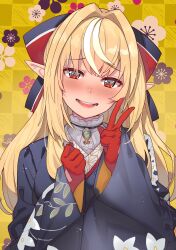Rule 34 | 1girl, absurdres, blonde hair, blue kimono, blush, bow, clenched hand, commentary, dark-skinned female, dark skin, floral print, floral print kimono, gloves, hair bow, half updo, highres, hololive, japanese clothes, kimono, long hair, looking at viewer, multicolored hair, official alternate costume, official alternate hairstyle, open mouth, pointy ears, red eyes, red gloves, shiranui flare, shiranui flare (new year), smile, solo, streaked hair, symbol-only commentary, tonarikeru, upper body, v, virtual youtuber