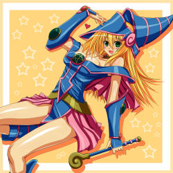Rule 34 | 1girl, :d, bare shoulders, blonde hair, blue footwear, blush, blush stickers, boots, bracer, breasts, choker, cleavage, dark magician girl, duel monster, green eyes, happy, hat, heart, highres, long hair, looking at viewer, open mouth, pentacle, skirt, smile, solo, staff, star (symbol), starry background, watarui, wizard hat, yu-gi-oh!, yuu-gi-ou, yu-gi-oh! duel monsters