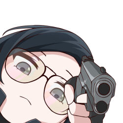 Rule 34 | 1girl, aiming, aiming at viewer, black-framed eyewear, black gloves, black hair, call of duty, call of duty: black ops cold war, call of duty: mobile, call of duty: warzone, close-up, closed mouth, commentary, fingerless gloves, frown, glasses, gloves, grey eyes, grey jacket, gun, gun pointing at viewer, handgun, helen a. park, holding, holding gun, holding weapon, jacket, looking at viewer, looking down, m1911, meme, narchiart, short hair, simple background, smug, solo, weapon, white background