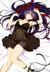 Rule 34 | 1girl, absurdres, armpits, black panties, bow, breasts, cleavage, date a live, hair bow, highres, long hair, lying, medium breasts, nightgown, official art, on back, panties, purple hair, red bow, see-through, smile, thighs, underwear, very long hair, yatogami tooka