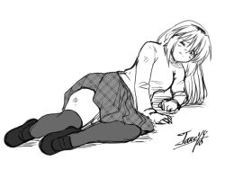 Rule 34 | 1girl, clannad, dated, greyscale, hairband, long hair, long sleeves, lying, monochrome, on side, one eye closed, plaid, plaid skirt, pleated skirt, sakagami tomoyo, shoes, skirt, solo, tare-katsu, thighhighs, turtleneck, white background, wince