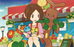 Rule 34 | 1girl, :d, ^ ^, apron, arms up, bellossom, black eyes, blush stickers, brown eyes, brown hair, closed eyes, commentary, commentary request, creature, creatures (company), english commentary, eo kanako, eye contact, flower, flower shop lady (pokemon), game freak, gen 1 pokemon, gen 2 pokemon, happy, holding, lamppost, looking at another, nintendo, official art, open mouth, outdoors, pokemon, pokemon (creature), pokemon tcg, short hair, sitting, smile, squirt bottle, squirtle, sudowoodo, vase