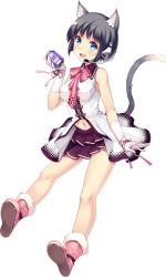 Rule 34 | 1girl, animal ears, black hair, blue eyes, boots, cat ears, cat tail, clothing cutout, daibouken! yukeyuke osawari island, full body, gloves, holding, ichigo (daibouken! yukeyuke osawari island), looking at viewer, navel cutout, necktie, nontan, official art, open mouth, paw print, ribbon, short hair, skirt, smile, solo, tail, transparent background