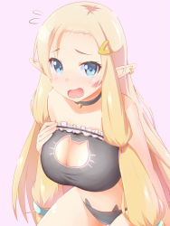 Rule 34 | bare shoulders, battlegaregga, bell, black bra, black choker, black panties, blonde hair, blue eyes, bra, breasts, cat cutout, cat ear panties, cat lingerie, choker, cleavage cutout, clothing cutout, cowboy shot, dahlia (rune factory), ear piercing, elf, forehead, frilled bra, frills, hair ornament, hairclip, hand on own chest, jingle bell, large breasts, lingerie, long hair, looking at viewer, looking up, meme attire, neck bell, nervous smile, open mouth, panties, piercing, pink background, pointy ears, rune factory, sidelocks, simple background, smile, underwear, underwear only