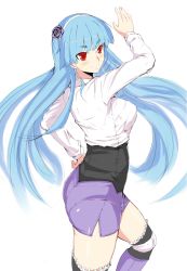 Rule 34 | 1girl, arm up, ass, back, blue hair, blush, breasts, closed mouth, cropped legs, female focus, flower, frilled thighhighs, frills, from side, hair flower, hair ornament, hairband, hand on own hip, long hair, long sleeves, looking at viewer, looking back, nexas, purple skirt, red eyes, ring dream, sasaki yukime, shirt, side slit, simple background, skirt, smile, solo, straight hair, thighhighs, white background, white shirt, yuki onna (ring dream), zettai ryouiki