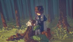 Rule 34 | :d, arm rest, black hat, blue capelet, blue shorts, brown hair, capelet, dappled sunlight, day, dress, drill hair, eye contact, forest, frilled capelet, frills, from side, grass, green dress, green eyes, hair between eyes, hat, head scarf, heterochromia, highres, leaning on person, long hair, long sleeves, looking at another, micaoban3529, nature, neck ribbon, open mouth, outdoors, pantyhose, red eyes, ribbon, rozen maiden, short hair, shorts, siblings, sisters, sitting, sitting on tree stump, smile, souseiseki, suiseiseki, sunlight, tree stump, twin drills, twins, white pantyhose