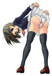 Rule 34 | 1girl, arms behind back, ass, bent over, black thighhighs, blouse, blue eyes, blush, brown hair, cameltoe, clothes lift, pussy, lace, lace-trimmed panties, lace trim, legs, lifting own clothes, miniskirt, panties, pleated skirt, ribbon, school uniform, serafuku, shirt, shoes, short hair, skirt, skirt lift, solo, soukaa (golden sash), spread legs, standing, thighhighs, thighs, trefoil, underwear, white panties