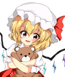 Rule 34 | 1girl, blonde hair, blush, commentary request, fang, flandre scarlet, frilled sleeves, frills, hair between eyes, hat, highres, holding, holding stuffed toy, koppa (mgim4428000), looking at viewer, medium hair, mob cap, multicolored wings, open mouth, puffy short sleeves, puffy sleeves, red eyes, short sleeves, simple background, skin fang, smile, stuffed animal, stuffed toy, teddy bear, touhou, upper body, white background, white headwear, wings