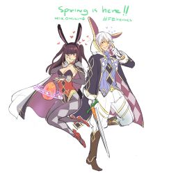 Rule 34 | 1boy, 1girl, alternate costume, animal ears, boots, breasts, cape, cleavage, easter egg, egg, fire emblem, fire emblem awakening, fire emblem heroes, highres, hood, magic circle, nintendo, owlking, pantyhose, rabbit ears, robin (fire emblem), robin (male) (fire emblem), silver hair, smile, sword, tharja (fire emblem), weapon