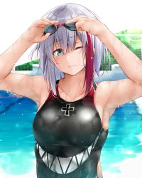 Rule 34 | admiral graf spee (azur lane), alternate costume, azur lane, blue eyes, breasts, closed mouth, commentary request, competition swimsuit, cross, day, frown, goggles, goggles on head, head tilt, highres, iron cross, looking at viewer, multicolored hair, one-piece swimsuit, one eye closed, oriue wato, outdoors, pool, red hair, short hair, sidelocks, silver hair, small breasts, solo, streaked hair, sunlight, swimsuit, two-tone hair, wet