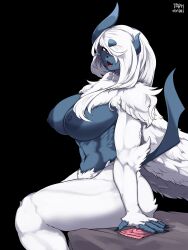 Rule 34 | 1girl, :3, absol, absurdres, animal nose, arm at side, artist name, asymmetrical horns, black background, blue horns, blue skin, body fur, breasts, colored skin, completely nude, condom, condom wrapper, creatures (company), dated, fangs, feathered wings, female focus, from side, furry, furry female, game freak, gen 3 pokemon, hair over one eye, half-closed eyes, happy, highres, horns, huge breasts, long hair, looking at viewer, mega absol, mega pokemon, navel, neck fur, nintendo, nipples, nude, on bed, one eye covered, open mouth, personification, pokemon, pokemon (creature), red eyes, sidelocks, signature, simple background, sitting, smile, solo, stomach, tail, taphris, thick thighs, thighs, tongue, white fur, white hair, white wings, wide hips, wings