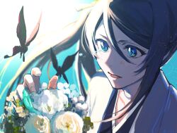 Rule 34 | 1girl, absurdres, black hair, black kimono, bleach, blue eyes, bouquet, bug, butterfly, close-up, fish, flower, hand up, highres, holding, holding bouquet, insect, japanese clothes, jou (jo jjo), kimono, kuchiki rukia, open mouth, portrait, solo, white flower, white haori, yellow flower