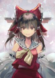 Rule 34 | 1girl, bare shoulders, black hair, bow, brown eyes, detached sleeves, hair between eyes, hair bow, hair tubes, hakurei reimu, half updo, neckerchief, petals, red bow, red shirt, red skirt, ribbon-trimmed collar, ribbon trim, shirt, sidelocks, skirt, smile, solo, torii, touhou, upper body, wide sleeves, yellow neckerchief, yuki (popopo)