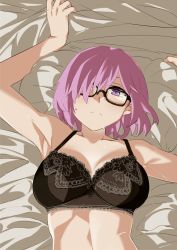Rule 34 | 1girl, arm up, armpits, bare arms, bare shoulders, bed, bed sheet, black-framed eyewear, black bra, bra, breasts, cleavage, collarbone, fate/grand order, fate (series), female focus, from above, glasses, hair over one eye, lace, lace-trimmed bra, lace trim, large breasts, light purple hair, looking at viewer, lying, mash kyrielight, midriff, ningen (ningen96), on back, on bed, purple eyes, sheet grab, short hair, solo, sweat, type-moon, underwear, upper body