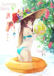 Rule 34 | 1girl, absurdres, ass, bad id, bad pixiv id, ball, beachball, bikini, blue bikini, blue ribbon, bow, brown hair, character name, dampi, flower, from side, hair tubes, hakurei reimu, hat, hat bow, hat flower, hat ribbon, highres, holding, holding ball, innertube, long hair, looking at viewer, pink flower, red bow, ribbon, see-through, solo, standing, straw hat, sun hat, swim ring, swimsuit, touhou, transparent, wading, white flower, yellow eyes, yellow hat