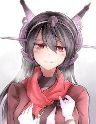 Rule 34 | 10s, 1girl, black hair, breath, eyebrows, gloves, grey background, hair between eyes, hairband, hat, head tilt, headgear, highres, jacket, kantai collection, looking at viewer, mini hat, nagato (kancolle), neit ni sei, open clothes, open jacket, pov, red eyes, red jacket, red scarf, scarf, simple background, smile, solo focus, upper body, white gloves