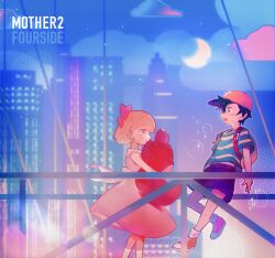 Rule 34 | 1boy, 1girl, backpack, bag, black hair, blonde hair, blush, bow, building, city, cloud, copyright name, crescent moon, dress, from side, hair between eyes, hat, highres, higuchi megumi, holding, holding stuffed toy, moon, mother (game), mother 2, ness (mother 2), night, nintendo, open mouth, outdoors, paula (mother 2), pink dress, profile, shirt, shoes, short hair, short sleeves, shorts, sky, sleeveless, sleeveless dress, sparkle, striped clothes, striped shirt, stuffed animal, stuffed toy, teddy bear