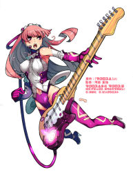 Rule 34 | 1girl, boots, breasts, copyright name, covered erect nipples, elbow gloves, floating hair, gloves, guitar, high heel boots, high heels, holding, holding instrument, ichimonji kei, instrument, long hair, macross, macross delta, macross e, medium breasts, navel, official art, pink hair, pirika polywanov, purple footwear, purple gloves, solo, thigh boots, thighhighs, white background