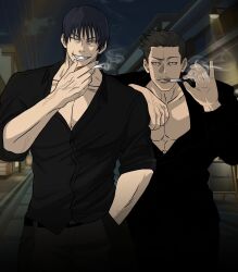 Rule 34 | 2boys, bara, bboana00, black eyes, black hair, black shirt, city, cowboy shot, facial hair, fushiguro touji, grin, hand in pocket, highres, jujutsu kaisen, looking at viewer, male focus, multiple boys, muscular, muscular male, mustache stubble, night, outdoors, pectoral cleavage, pectorals, road, shirt, shiu kong, short hair, smile, smoke, street, stubble, teeth, veins