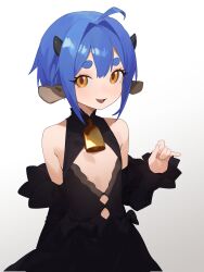 Rule 34 | 1girl, ahoge, animal ears, bare shoulders, bell, black dress, blue hair, blush, cow ears, cow horns, cowbell, detached sleeves, dress, flat chest, highres, horns, looking at viewer, neck bell, open mouth, orange eyes, original, revealing clothes, short eyebrows, short hair, smile, solo, thick eyebrows, wuju (1198979953)