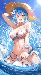 Rule 34 | 1girl, :d, absurdres, arm up, bikini, blue hair, blue nails, blue sky, blush, breasts, cleavage, cloud, commentary, daifuku (yukihana lamy), day, elf, floating hair, flower, frilled bikini, frills, hair between eyes, hair flower, hair ornament, has bad revision, has downscaled revision, hat, highres, hololive, large breasts, lens flare, long hair, md5 mismatch, mugiusagi, nail polish, navel, open mouth, outdoors, pointy ears, resolution mismatch, revision, sky, smile, solo, source smaller, stomach, straw hat, swimsuit, virtual youtuber, water, wet, white bikini, white flower, wrist cuffs, yellow eyes, yukihana lamy, yukimin (yukihana lamy)