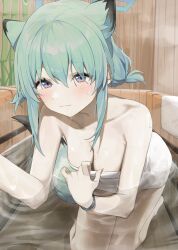 Rule 34 | 1girl, absurdres, animal ears, bath, blue archive, blush, breasts, cleavage, collarbone, extra ears, green hair, halo, highres, kneeling, leaning forward, light smile, looking at viewer, medium breasts, naked towel, ofuro, purple eyes, shigure (blue archive), short twintails, solo, syhan, tail, towel, twintails, weasel ears, weasel tail, wooden bathtub