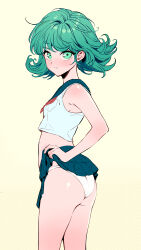 Rule 34 | 1girl, absurdres, ass, blue sailor collar, blue skirt, breasts, clothes lift, cowboy shot, crop top, cropped shirt, curly hair, expressionless, from side, green eyes, green hair, halftone, halftone texture, highres, lifted by self, looking at viewer, mr tangsuyuk, necktie, one-punch man, panties, red necktie, sailor collar, school uniform, serafuku, shirt, short hair, skirt, skirt lift, sleeveless, sleeveless shirt, small breasts, solo, tatsumaki, thighs, underwear, wedgie, white panties, white shirt