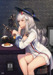 Rule 34 | 1girl, absurdres, alcohol, animal, azur lane, baek hyang, bar stool, black cat, black hat, blurry, bottle, breasts, cake, cake slice, cat, cleavage, cup, depth of field, drinking glass, dunkerque (afternoon venus) (azur lane), dunkerque (azur lane), eyewear on head, food, hat, head rest, highres, huge filesize, jacket, long hair, long sleeves, looking away, medium breasts, miniskirt, open clothes, open jacket, parted lips, peaked cap, plate, pleated skirt, red eyes, shirt, sidelocks, silver hair, sitting, skirt, solo, stool, sunglasses, sunglasses on head, thighs, white jacket, white shirt, white skirt