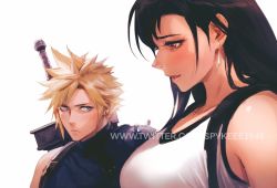 Rule 34 | 1boy, 1girl, black hair, blonde hair, blue eyes, blush, breasts, buster sword, cloud strife, earrings, final fantasy, final fantasy vii, final fantasy vii remake, girl staring at guy&#039;s chest (meme), highres, jewelry, large breasts, long hair, meme, parted lips, red eyes, spiked hair, spykeee, tank top, tifa lockhart, white tank top