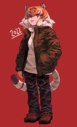 Rule 34 | 1girl, 2022, :p, absurdres, alternate costume, animal ears, arm at side, bell (hellchan3), black hair, blue pants, brown eyes, brown footwear, brown jacket, casual, chinese zodiac, collared jacket, colored inner hair, denim, extra ears, full body, hand in pocket, highres, hood, hood down, hoodie, jacket, jeans, kemono friends, legs apart, looking at viewer, multicolored hair, open clothes, open jacket, orange hair, pants, pocket, red background, shoes, sidelocks, simple background, solo, standing, streaked hair, striped tail, tail, tiger (kemono friends), tiger ears, tiger girl, tiger tail, tongue, tongue out, traditional media, white hair, white hoodie, year of the tiger