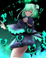 Rule 34 | 1girl, absurdres, birthday, blue dress, bug, butterfly, detached sleeves, dress, green hair, hair ornament, highres, hololive, insect, looking at viewer, red eyes, short dress, short hair, skull hair ornament, solo, uruha rushia, vanilladaze, virtual youtuber