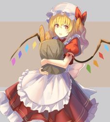 Rule 34 | 1girl, alternate costume, apron, bag, baguette, blonde hair, bow, bowtie, bread, brown background, commentary request, cowboy shot, crystal, dress, falken (yutozin), flandre scarlet, food, frilled apron, frills, grey background, grocery bag, hair between eyes, hat, hat ribbon, holding, holding bag, long hair, looking at viewer, mob cap, one-hour drawing challenge, one side up, open mouth, paper bag, petticoat, puffy short sleeves, puffy sleeves, red bow, red bowtie, red dress, red eyes, red ribbon, ribbon, shopping bag, short sleeves, smile, solo, touhou, two-tone background, white apron, white hat, wings