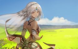Rule 34 | 10s, 1girl, altera (fate), back, breasts, cloud, dark skin, dark-skinned female, day, fate/extella, fate/extra, fate/grand order, fate (series), field, grass, looking at viewer, looking back, nail polish, nanbo ataru (attall), outdoors, outstretched hand, parted lips, red eyes, sky, small breasts, smile, solo, strapless, tube top, veil, white hair