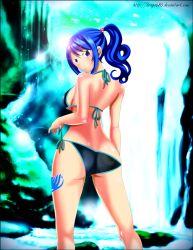 Rule 34 | 1girl, absurdres, armpits, arms at sides, ass, back, back-tie bikini, barefoot, bikini, black bikini, blue hair, breasts, brown eyes, cleavage, clenched hand, closed mouth, colorized, curvy, dimples of venus, eyelashes, fairy tail, female focus, fingernails, from behind, highres, huge ass, juvia lockser, large breasts, leg tattoo, legs, long hair, looking at viewer, looking back, mashima hiro, midriff, nature, neck, outdoors, ponytail, serious, sexually suggestive, shiny skin, shoulder blades, side-tie bikini bottom, sideboob, sidelocks, spread legs, standing, swimsuit, tattoo, thighs, turning head, two-tone bikini, untying, v-shaped eyebrows, water, waterfall, wavy hair