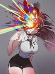 Rule 34 | 1girl, absurdres, bare shoulders, black collar, black ribbon, black shorts, breasts, brown hair, chainsaw man, collar, cosplay, earrings, explosion, grenade pin, grey background, grey hair, heart, heart earrings, highres, jewelry, jururu, large breasts, leaning forward, long hair, looking at viewer, multicolored hair, purple eyes, reze (chainsaw man), reze (chainsaw man) (cosplay), ribbon, shin dohan, shirt, shirt tucked in, short shorts, shorts, side slit, sleeveless, smile, solo, streaked hair, virtual youtuber, waktaverse, white shirt, wind, wing collar