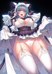 Rule 34 | 1girl, :d, absurdres, aqua eyes, aqua hair, azur lane, blush, breasts, cameltoe, cheshire (azur lane), cleavage, clothes lift, earrings, fangs, frills, garter belt, gluteal fold, grey hair, highres, jewelry, large breasts, maid, maid headdress, multicolored hair, open mouth, panties, signature, skirt, skirt lift, sky, smile, solo, star (sky), starry sky, streaked hair, stud earrings, tama yu, thighhighs, underwear, white panties, white thighhighs