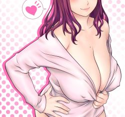 Rule 34 | 1girl, bare shoulders, breasts, cleavage, closed mouth, clothes pull, collarbone, commentary request, covered erect nipples, hand on own hip, head out of frame, heart, highres, large breasts, long hair, long sleeves, mole, mole on breast, original, patterned background, pink lips, pink shirt, purple hair, shirt, shirt pull, shoumaru (gadget box), smile, solo