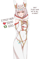 Rule 34 | animal ears, blunt bangs, blush, cat ears, chest jewel, chirun0, commentary, english commentary, english text, facial mark, grey hair, hands up, heart, highres, jewelry, like and retweet, looking at viewer, meme, nia (xenoblade), off shoulder, open mouth, robe, short hair, sweatdrop, tassel, twitter strip game (meme), w arms, white background, white headwear, white robe, xenoblade chronicles (series), xenoblade chronicles 3, yellow eyes