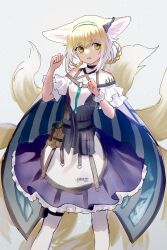 Rule 34 | 1girl, absurdres, animal ears, arknights, blonde hair, blue dress, blue hairband, braid, braided hair rings, clenched hand, commentary, dress, fox ears, fox girl, fox tail, hair rings, hairband, highres, kitsune, kyuubi, large ears, long hair, looking at viewer, material growth, multicolored clothes, multicolored dress, multicolored hair, multiple tails, oci0o, oripathy lesion (arknights), pouch, single wrist cuff, solo, standing, suzuran (arknights), tail, white dress, white hair, wrist cuffs, yellow eyes