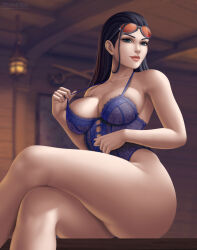 Rule 34 | 1girl, absurdres, bare legs, black hair, blue bustier, blue eyes, breasts, bustier, cleavage, corset, crossed legs, eyewear on head, female focus, flowerxl, from below, highres, indoors, large breasts, lips, long hair, looking at viewer, nico robin, one piece, sitting, solo, sunglasses on head, thick thighs, thighs, toned female, watermark