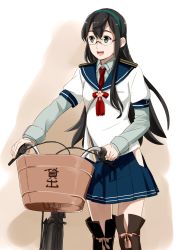 Rule 34 | 10s, 1girl, :d, bad id, bad twitter id, basket, bicycle, black hair, blue skirt, boots, glasses, gradient background, hairband, hip vent, kantai collection, layered sleeves, long hair, long sleeves, looking away, looking to the side, necktie, ojipon, ooyodo (kancolle), open mouth, pleated skirt, red necktie, rimless eyewear, sailor collar, school uniform, serafuku, short over long sleeves, short sleeves, sidelocks, skirt, smile, solo, standing, tassel, thigh boots, thighhighs, zettai ryouiki