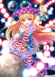 Rule 34 | 1girl, american flag dress, american flag legwear, arm up, belt, blonde hair, blush, bracelet, clownpiece, collar, danmaku, earth (planet), embellished costume, fire, frilled collar, frilled shirt collar, frills, full body, hat, high heels, highres, jester cap, jewelry, long hair, looking at viewer, moon, neck ruff, open mouth, outstretched arm, pantyhose, planet, polka dot, print pantyhose, purple eyes, see-through, shirt, shoes, sleeveless, smile, solo, soraeda, star (sky), star (symbol), striped clothes, striped pantyhose, teeth, torch, touhou, very long hair, wavy mouth