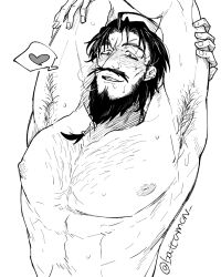 Rule 34 | 1boy, abs, armpit hair, armpits, arms behind head, bara, bare pectorals, battamon, beard, blush, chest hair, edward teach (fate), facial hair, fate/grand order, fate (series), greyscale, hairy, heart, highres, large pectorals, long beard, male focus, mature male, monochrome, muscular, muscular male, nipples, pectorals, saliva, smile, solo, speech bubble, steam, sweat, thick eyebrows, tied beard, twitter username