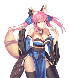 Rule 34 | 10s, 1girl, animal ears, bare shoulders, bow, breasts, cleavage, detached sleeves, fate/extra, fate (series), fox ears, fox tail, hair bow, hair ribbon, japanese clothes, large breasts, pink hair, ribbon, simple background, solo, tail, tamamo no mae (fate/extra), thighhighs, tsukikanade, twintails, type-moon, white background, yellow eyes