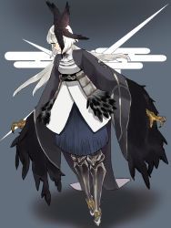 Rule 34 | 1girl, armor, black cape, black wings, blunt bangs, brooch, cape, egasumi, feather hair ornament, feathers, full body, greaves, grey background, grey footwear, grey legwear, hair ornament, highres, jewelry, long hair, pixiv fantasia, pixiv fantasia age of starlight, standing, talons, white hair, wings