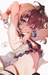 Rule 34 | 1girl, ahoge, arm behind head, arm up, armpits, bare shoulders, bikini, bikini under clothes, blue eyes, blush, bracelet, breasts, brown hair, cat hair ornament, crop top, grin, hair between eyes, hair ornament, hair ribbon, highres, holding, holding microphone, hololive, jewelry, long hair, looking at viewer, microphone, natsuiro matsuri, navel, one eye closed, open mouth, orange panties, panties, presenting armpit, ribbon, shuri (84k), side ponytail, simple background, small breasts, smile, solo, spread armpit, striped bikini, striped clothes, sweat, swimsuit, teeth, thong, underwear, virtual youtuber, white background