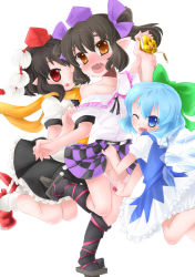 Rule 34 | 3girls, :q, bare shoulders, belt, black hair, black socks, bloomers, blue eyes, blue hair, blush, bow, brown hair, cellphone, checkered clothes, checkered skirt, cirno, clothes lift, dress, geta, hair bow, hair ornament, hat, himekaidou hatate, ice, ice wings, jumping, kneehighs, multiple girls, naik, off shoulder, one eye closed, open mouth, panties, panty pull, phone, pointy ears, red eyes, ribbon, rubik&#039;s cube, scarf, shameimaru aya, skirt, skirt lift, socks, tears, tokin hat, tongue, tongue out, touhou, twintails, underwear, white panties, wings, wink, yellow eyes