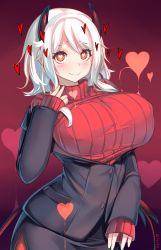 Rule 34 | 1girl, alternate breast size, artist name, black jacket, black skirt, blush, borrowed character, breasts, breasts out, commentary, cowboy shot, demon girl, demon horns, gradient background, hand on own chest, hand up, heart, heart-shaped pupils, helltaker, highres, horns, huge breasts, jacket, long sleeves, looking at viewer, medium hair, modeus (helltaker), red background, red eyes, red sweater, ribbed sweater, shiki (psychedelic g2), skirt, sleeves past wrists, smile, solo, sweater, symbol-shaped pupils, tail, turtleneck, white hair